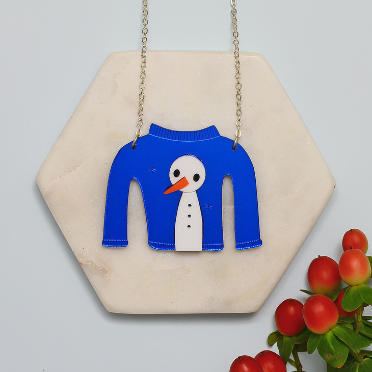 Snowman Christmas Jumper Necklace  Little Moose  Playful Acrylic Jewellery Handmade with Love 